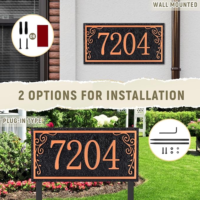 Lawn Address Sign Plaque - Personalized House Number Plaque Sign,Address Numbers for House Large Option Stakes Included (Black/Red Copper)