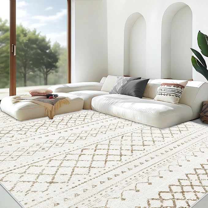 Area Rug for Living Room 9x12: Large Washable Boho Moroccan Rugs Geometric Neutral Rug, Non-Slip Foldable Morden Farmhouse Indoor Floor Carpet for Bedroom Dining Table Home（Brown,9X12）
