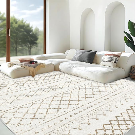 Area Rug for Living Room 9x12: Large Washable Boho Moroccan Rugs Geometric Neutral Rug, Non-Slip Foldable Morden Farmhouse Indoor Floor Carpet for Bedroom Dining Table Home（Brown,9X12）