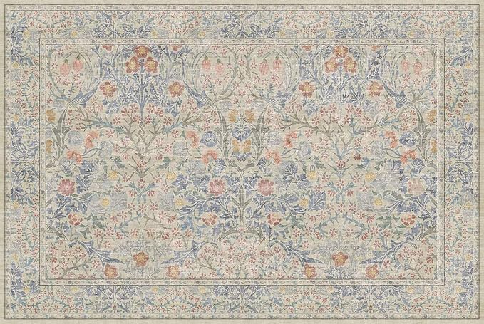 Washable Bathroom Rugs, Non-Slip Small Throw Rug for Entryway, Front Door Indoor, Mudroom, Kitchen, Powder Room, Stain Resistant Vintage Floral Décor (2x3 Beige Blue)