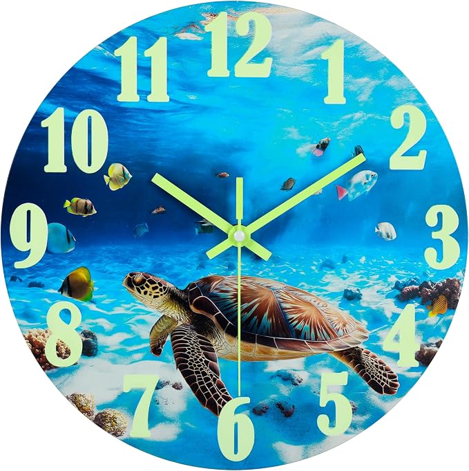 jomparis Outdoor Clocks Waterproof 12 Inch Coastal Sea Turtle Luminous Glass Wall Clock for Pool Patio Bathroom