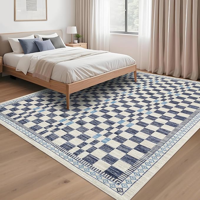 GarveeHome Washable 4x6 Area Rug for Baby Room Modern Abstract Checkered | Non-Slip Low Pile Kitchen Carpet Stain-Resistant No-Shedding High Traffic Area Rug for Dorm Home Dining Office Decor Blue