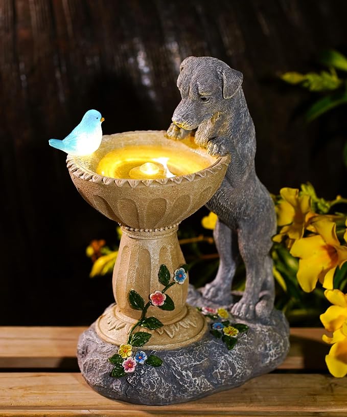 Nacome Solar Dog Garden Statues: Weatherproof Resin Decor | Outdoor Yard Lawn Patio Balcony Decorations, Gifts for Mom Grandma Women Bird Lovers, Automatic Warm LED Light