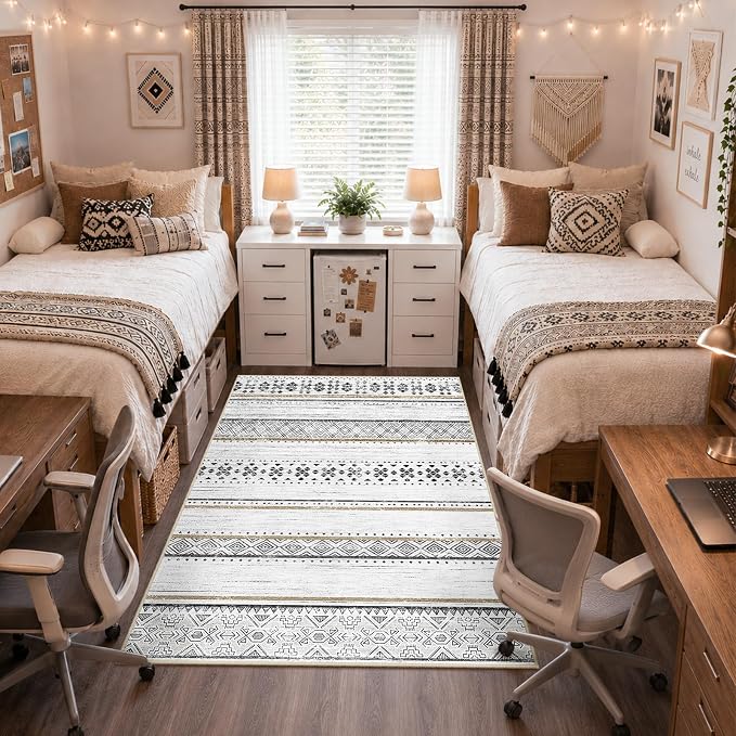 4x6 Washable Area Rugs for Living Room Boho Bedroom Rug Black/Brown | Vacuum Friendly, Machine Washable, Non-Slip Rug, Stain Resistant, Moroccan Geometric, Low Pile Carpet, Dining Room Kitchen