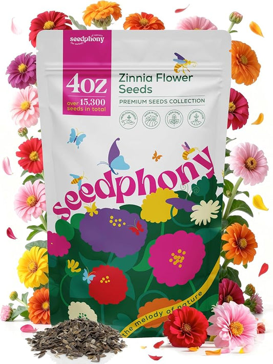 Seedphony Zinnia Seeds Pack 4 oz - 15,300 Non-GMO Heirloom Zinnia Seeds for Planting, Perennial Flowers in Waterproof Seed Packet, Wildflower Seeds for Planting Garden Indoor & Outdoor Gardening