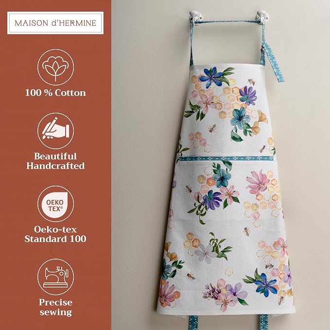 Maison d' Hermine Aprons for women with Pocket 100% Cotton (27.50"x31.50") | Adjustable Neck Strap & long ties Apron Men Chef Wedding Cooking Gardening Server Maid