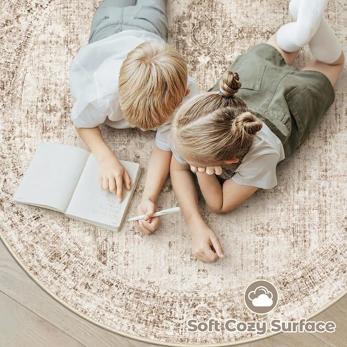 Round Rugs 6ft Washable Rug, Vintage Boho Medallion Rugs Non-Slip Soft Low Pile Circle Distressed Rug Indoor Retro Carpet for Living Room Bedroom Dining Room Home Office (Brown, 6' Round)