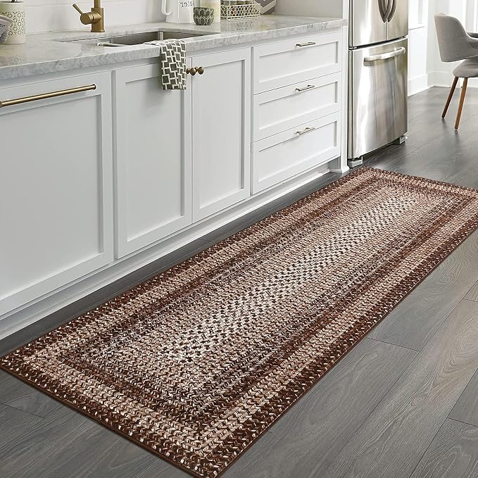 RUGSREAL Braided Print Runner Rug 2x8 Machine Washable Hallway Runner Rugs | Entryway Long Throw Carpet Non Slip Kitchen Mat Living Room Rustic Carpet for Bedroom Dining Room, Brown