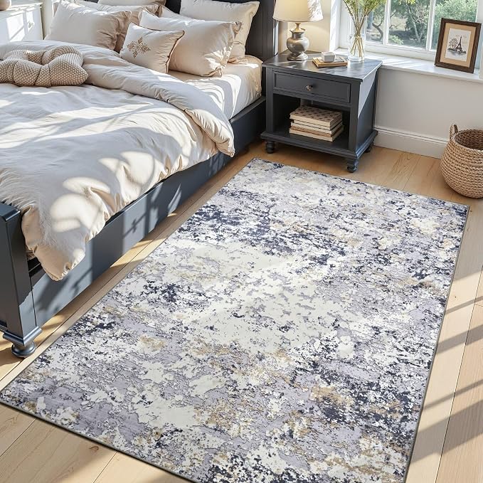 Toneed 4x6 Washable Non Slip Abstract Area Rugs for Bedroom Living Room | Soft Modern Low Pile Rug for Kitchen Hallway Office,Indoor Carpet for Kids Nursery Home Decor, Blue White Gold