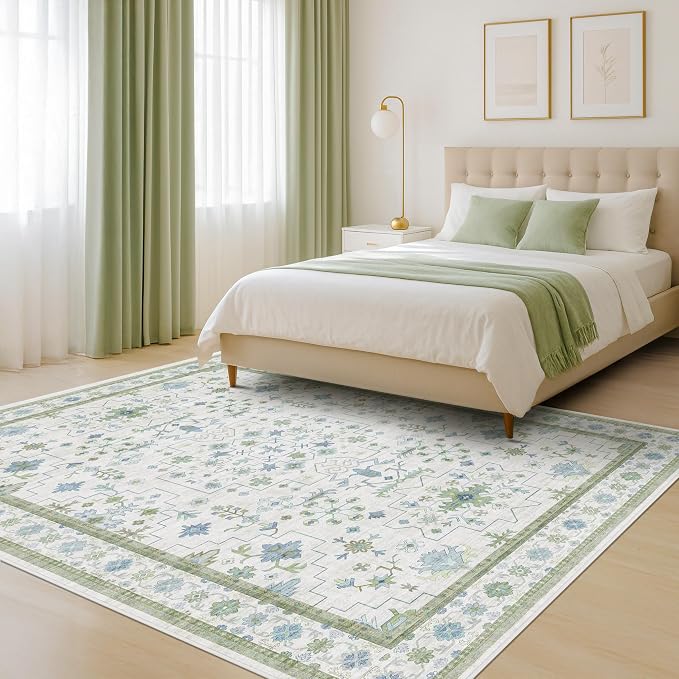 Green and Blue Kids Rugs for Bedroom 5x8 - Oushak Boho Cute Area Rug, Washable Low Pile Non-Slip Soft Foldable Indoor Carpet for Nursery, Playroom
