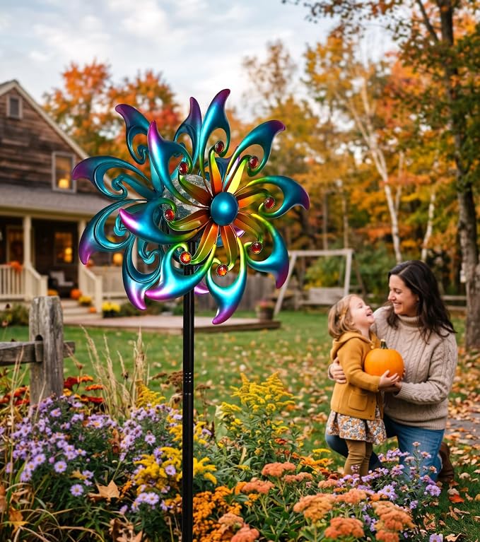 Solar Wind Spinner Metal Bird of Paradise Kinetic Garden Yard Art | Multi-color solar glow orb,Bird of paradise metal spinner,Whisper-quiet bearings,Stable 5-prong stake,Hand-Crafted Art