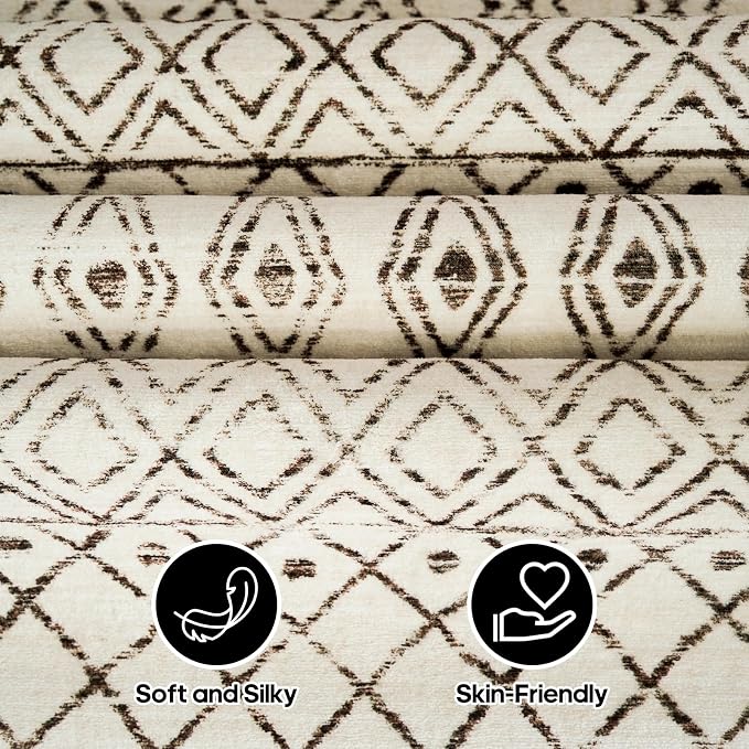 4x8 Geometric Beige Hallway Runner Rug: Moroccan Machine Washable Runner | Non Slip Low Pile Soft Pets Friendly Rugs - Indoor Carpet for Kitchen Bedroom Entryway Laundry
