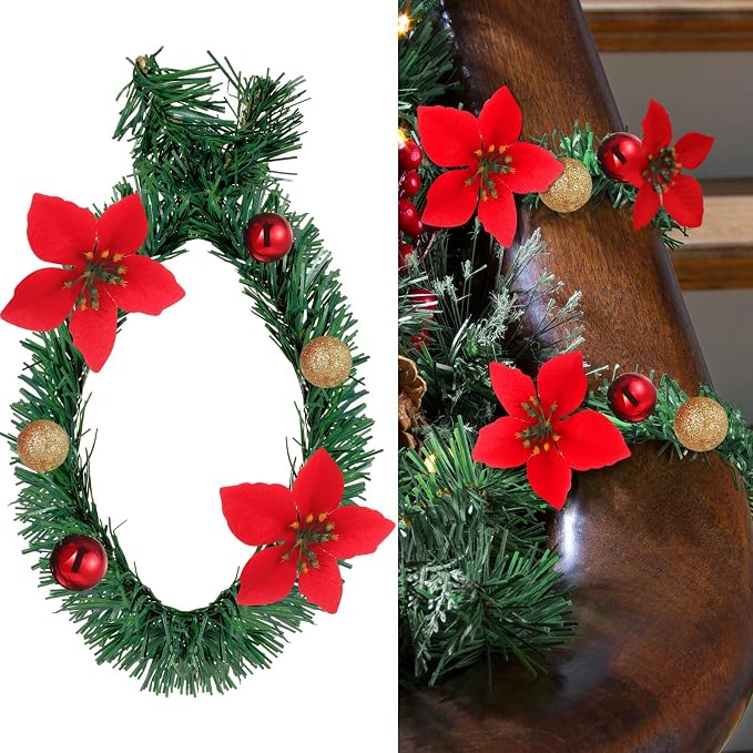 Zhengmy 30 Pcs 20 Inch Christmas Garland Ties with Poinsettia & Ornaments, Decorative Twist Tie for Banister Flexible Pine Stems for Christmas Stairs Railing Banister Decor DIY Craft Gift Wrapping