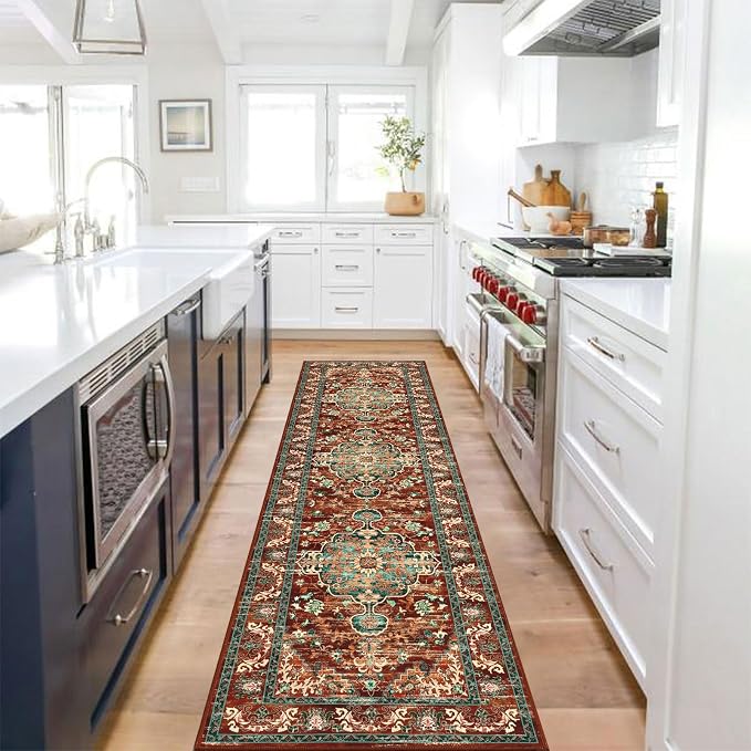 U'Artlines 2' x 8' Boho Hallway Runner Rug, Washable Carpet, Rust＆Teal | Non Slip, Vintage Farmhouse Accent Area Rug Carpet, for Kitchen Entryway Laundry and Living Room