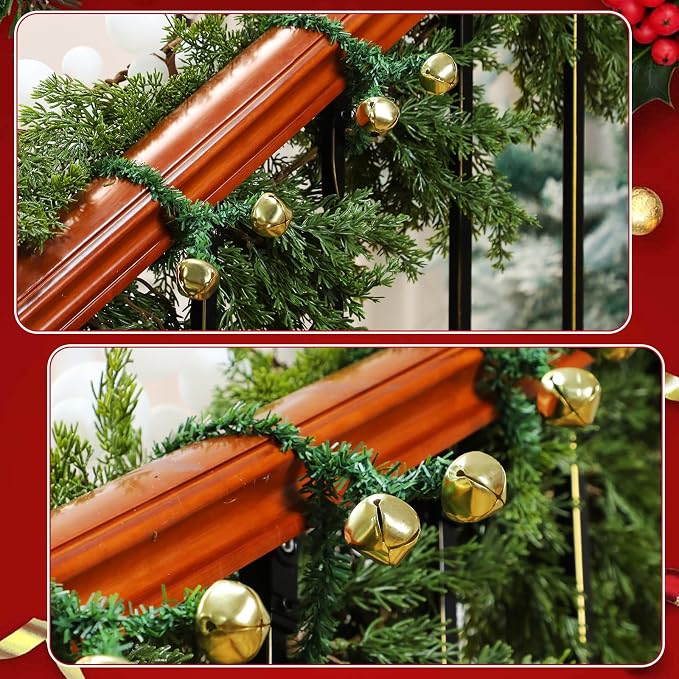 25 Pcs 20 Inches Christmas Garland Ties with Bells Decorative Twist Ties Garland Hanger for Banister Stairs Railing Garden Reusable Flexible Twist for Xmas Holiday Decorations (Gold)