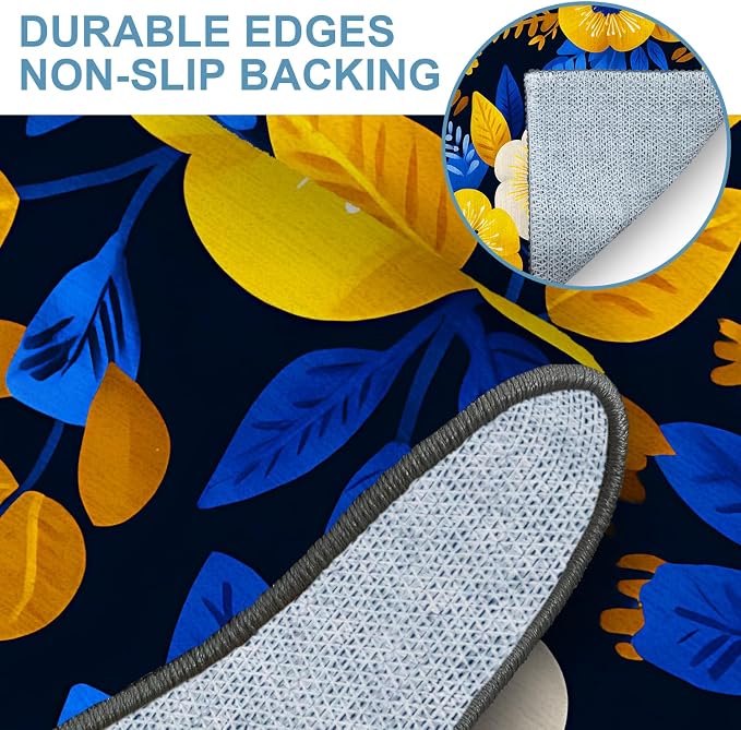 Navy Blue Yellow Floral 2x3 Entry Rug,Washable Small Rugs for Entryway Kitchen Bathroom Door Mat Indoor Entrance,Non Slip Rubber Backing, Stain & Fade Resistant, Vibrant Boho Decor
