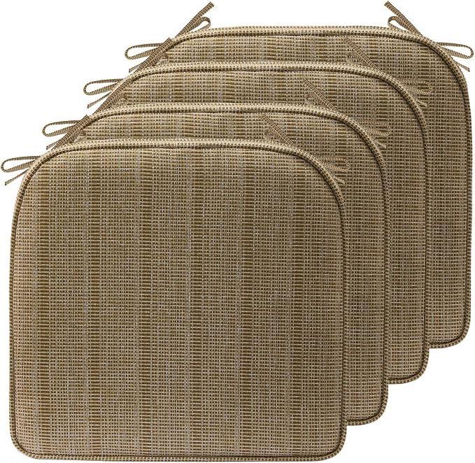 17 x 16 Inch Outdoor Chair Cushions with Tie Straps, Set of 4 Thick Water Repellent Round Patio Chair Pads for Garden Lawn Patio Furniture, Sierra Linen