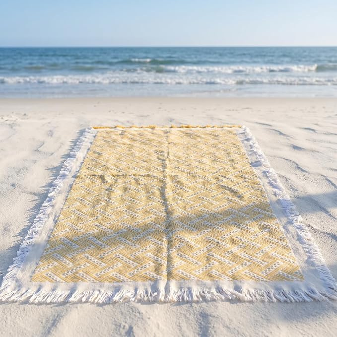 70x70 Bohemian Picnic Mat Extra Large, Sand Proof Outdoor Camping Blanket Machine Washable, Lightweight Portable Travel Tarp for 5-7 Adults Beach Park Grass (Yellow-T-Grid)
