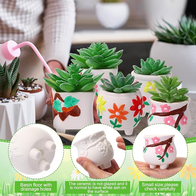 Leitee 24 Pcs Paint Your Own Ceramic Pot Bulk 2.76 in, Ready to Paint Small Pot Mini Succulent Planters Pottery Painting for Summer Classroom Craft Gift DIY Art Activity (Lovely Flowers)