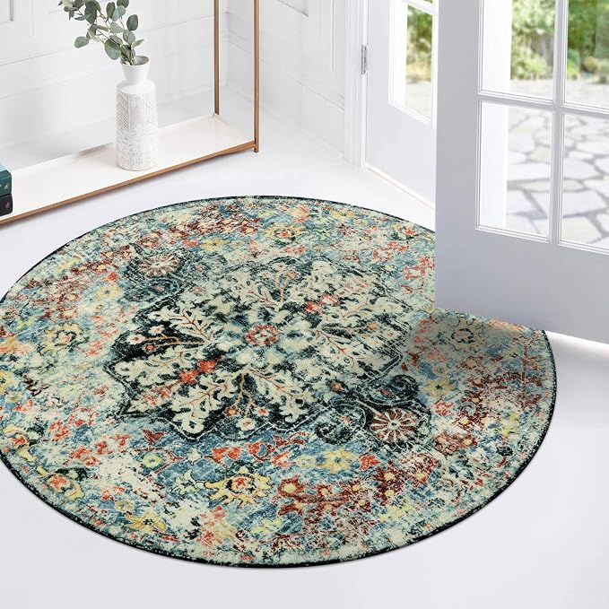 Lahome Reine Bohemian Floral Medallion Round Rug - 3Ft Small Bedroom Round Area Rug Soft Bathroom Circle Mat, Teal Vintage Non Slip Machine Washable Entryway Carpet for Nursery Kitchen Family Room