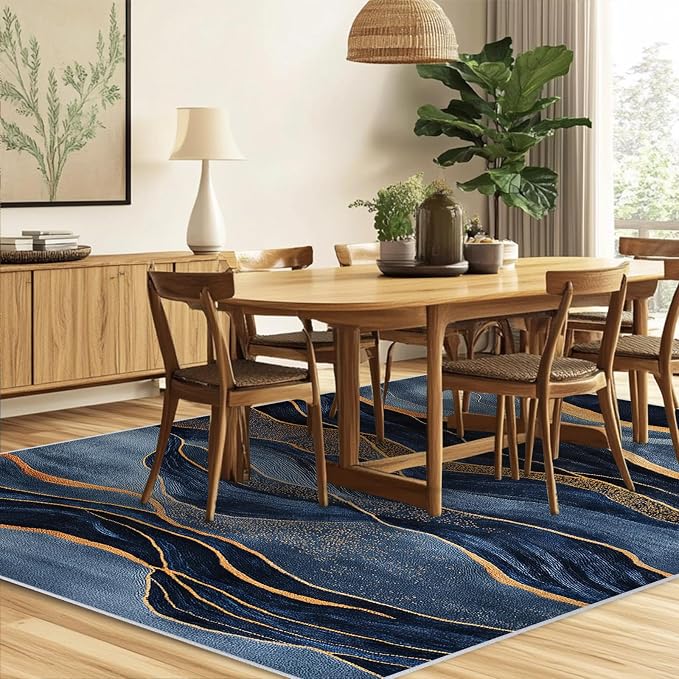 Navy Blue Area Rug Washable 5x7 Abstract Rugs for Living Room Bedroom Modern Gold Non-Slip Soft Floor Large Carpet for Office Entryway Bathroom