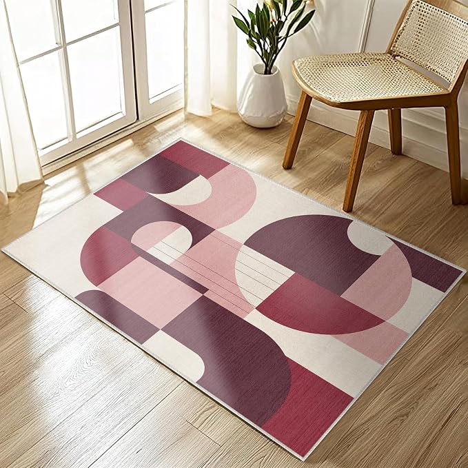 2x3 Burgundy and Pink Geometric Rug for Bathroom Entryway Dark Abstract Modern Area Rug Machine Washable Mat Non-Slip Small Carpet for Bedroom Kitchen Indoor