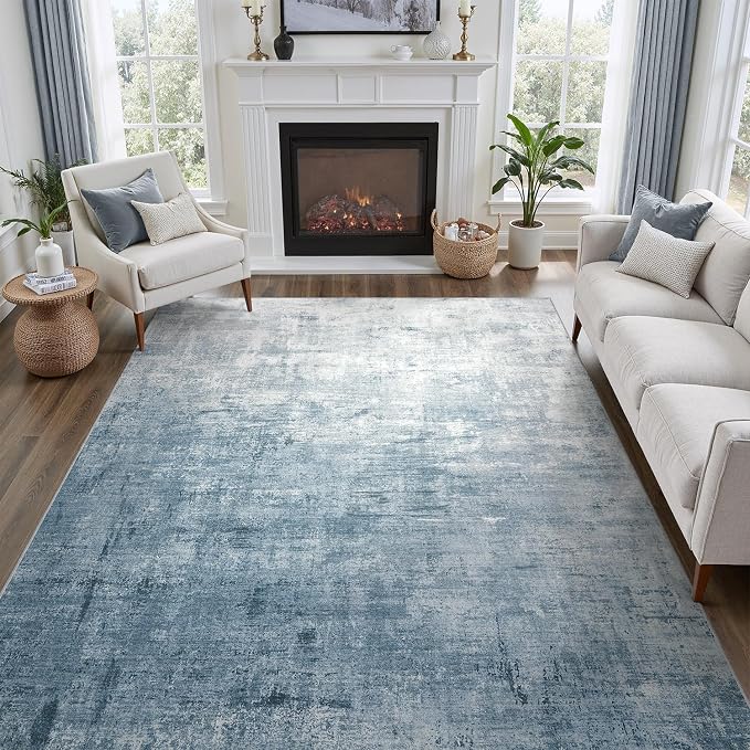 DCX Washable Abstract Area Rug 5x7, Non Slip Low Pile Rug, Blue | Easy to clean, non-shedding, soft, kid & pet friendly, with a non-slip rubber backing for living rooms, bedrooms, and offices