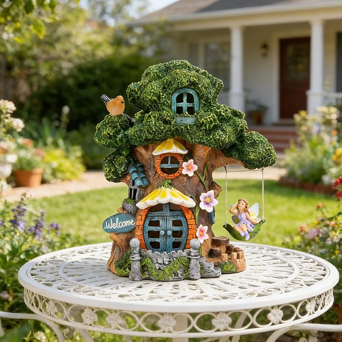 Fairy House Garden Outdoor Decor, Large Garden Gnome House and Fairy Figurines with Solar Lights Waterproof Resin Ornaments Decorations for Patio Yard Lawn
