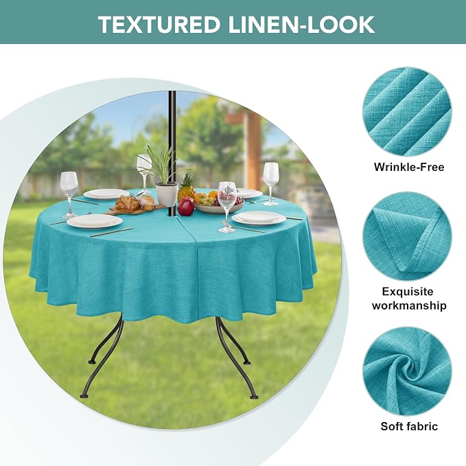 LUSHVIDA Outdoor Tablecloth with Umbrella Hole - Patio Table Cloth Zippered Round 60 Inch, Teal Linen-Look Polyester Table Cover Water Resistant for Picnic Outside