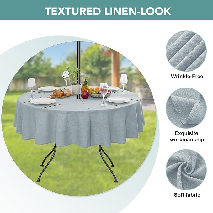 LUSHVIDA Outdoor Tablecloth with Umbrella Hole - Patio Table Cloth Zippered Round 60 Inch, Light Gray Linen-Look Polyester Table Cover Water Resistant for Picnic Outside