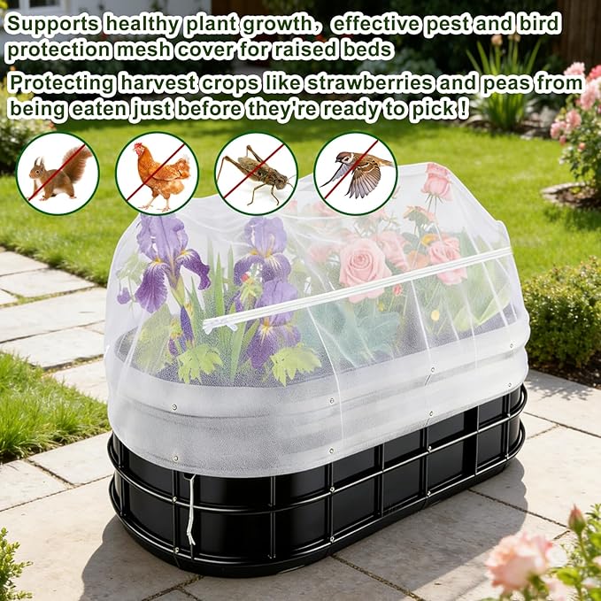 1 Pack Garden Netting for Raised Beds, Fine Mesh Bird Netting Barrier Screen with Zipper Drawstring Garden Bed Plant Cover for Protect Vegetable Fruits Crop from Animals Pest Insect, 4.1×4.1×2Ft