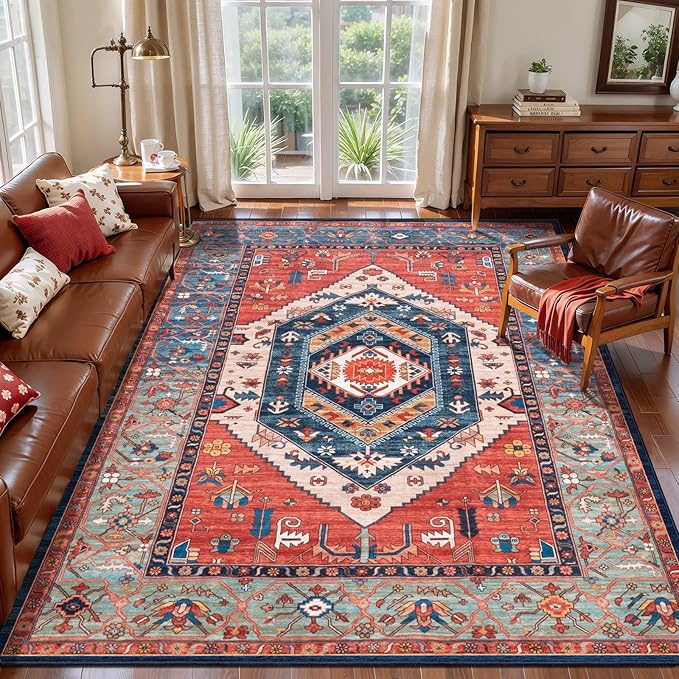 SERISSA 5x8 Washable Non Slip Boho Area Rug for Living Room，Rust | Ultra Soft Vintage Oriental Carpet Low-Pile Distressed Tribal Floor Carpet for Bedroom Dining Room Dorm Office Home Decor