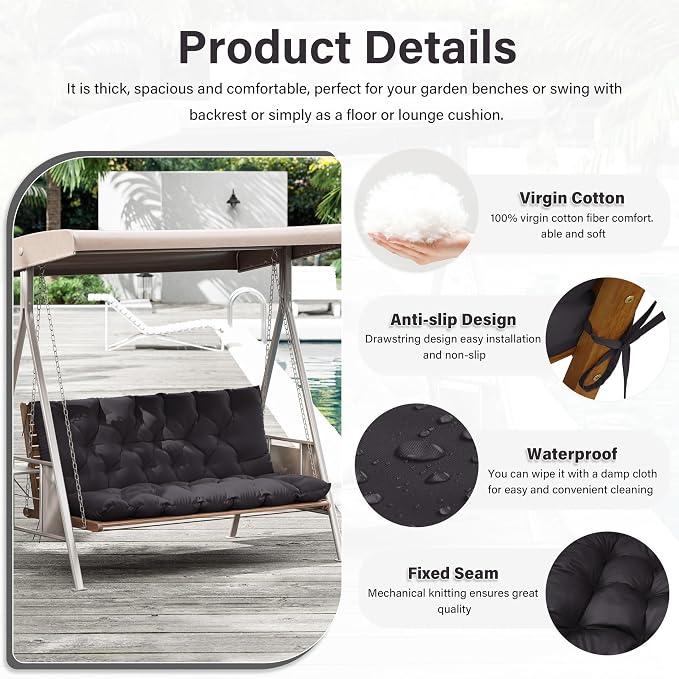 Porch Swing Cushion with Backrest,Waterproof Bench Cushion for Outdoor Furniture,2-3 Seater Replacement Thickened 5 in swing cushion,with Ties,Patio,Outdoor,Backyard and Garden (Grey,60x40 in)