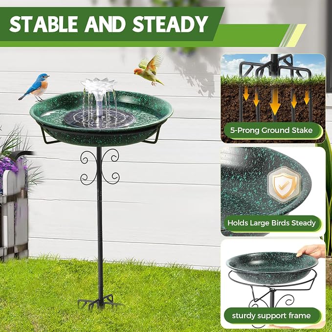 Solar Powered Metal Bird Bath with Fountains for Hummingbirds,Stable Stylish Design with 5-Prong Base Metal Stake Bird Baths for Outside Lawn Patio Yard Garden