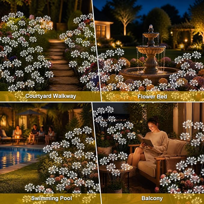 Solar Garden Lights Outdoor, Upgraded Solar Swaying Starburst Light Waterproof with 2 Modes, Solar Fairy Firework Lights for Yard Patio Pathway Flowerbed Balcony Garden Decoration (White, 2 Pack)