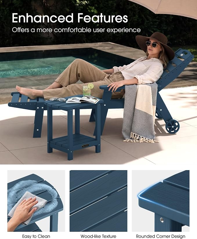 Outdoor Side Table, 2-Tier HDPE Small Outdoor Table, Adirondack Side Tables, Outside End Tables for Patio, Porch, Deck, Pool, Weather Resistant (Navy Blue)