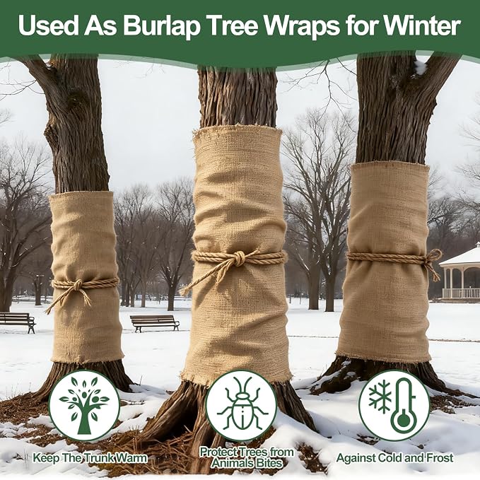 PJT 50ft x 40in Natural Burlap Plant Covers Freeze Protection, Winter Cold-Proof Burlap Fabric Tree Wrap Roll, Gardening Frost Plant Blankets for Outdoor Bushes Trees Plants