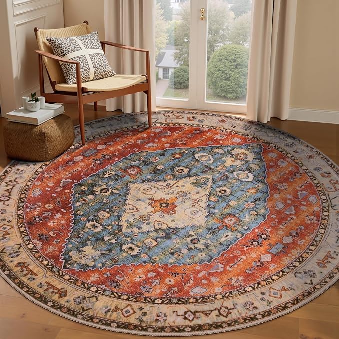 SERISSA 5ft Washable Non Slip Round Boho Area Rug for Bedroom | Ultra Soft Vintage Oriental Carpet Low-Pile Tribal Rust Circular Indoor Mat for Entryway Kids Room College Dorm Living Room