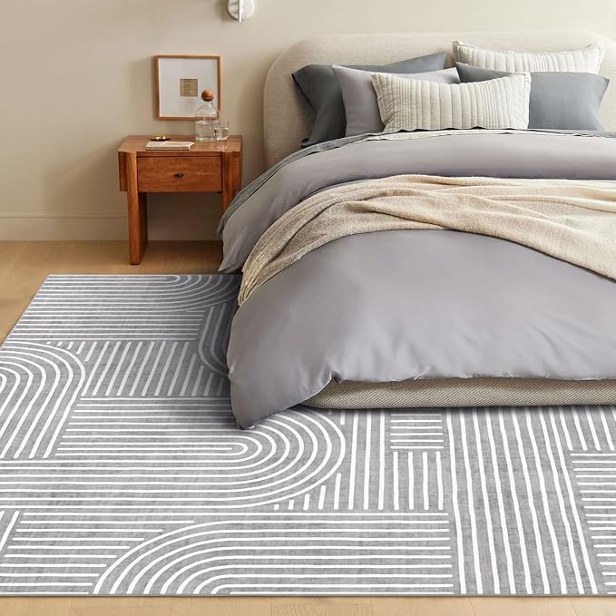 LUXRUG Washable Area Rug 8x10 Large Abstract Grey Boho Rugs for Living Room | Ultra-Thin Modern Abstract Rainbow Dining Room Rugs Non-Slip Indoor Carpet for Living Room Nursery Room Office Home Decor