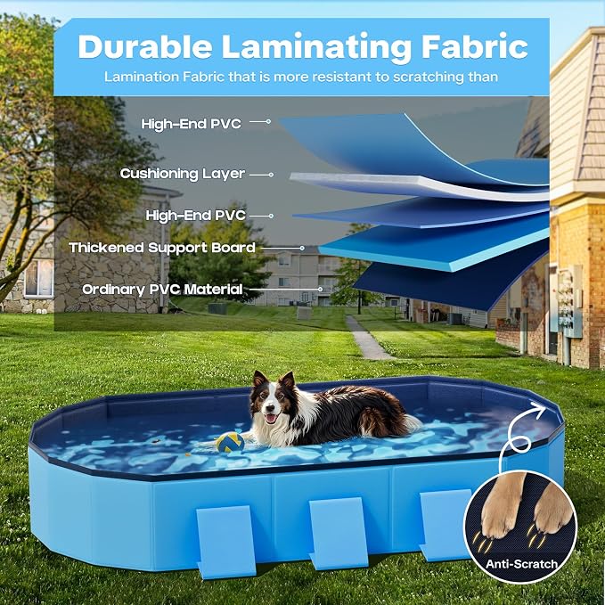 Raxurt Foldable Dog Pool, 72'' Large Dog Pool for Large Dogs with Reinforced Sidewalls for Stability, Portable Pet Bath Tub for Indoor Outdoor Backyard Use