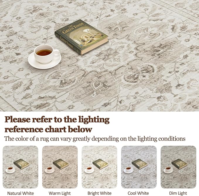 Washable 5x7 Area Rugs for Bedroom Beige White Non-Slip Rug | Vintage Medallion Rug，Soft Low Pile Large Rugs，Indoor Retro Carpet for Bedroom Nursery Dining Table Farmhouse Home Office