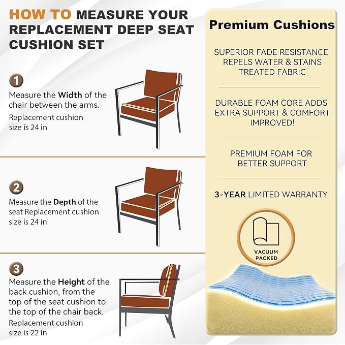 Deep Seat Patio Cushions Set 24 x 24 Inch,Olefin Fabric Outdoor Seat Cushion,Patio Furniture Cushions with Removable Cover,Rain-Proof and Fade Resistant Deep Seat Bottom & Back Cushion,1set