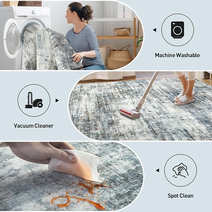 8x10 Area Rugs for Living Room: Washable Abstract Blue Multi Badroom Carpet | Non-slip TPE backing makes this washable soft low-pile rug safe & durable, Pet-friendly decor for dining room,nursery,office