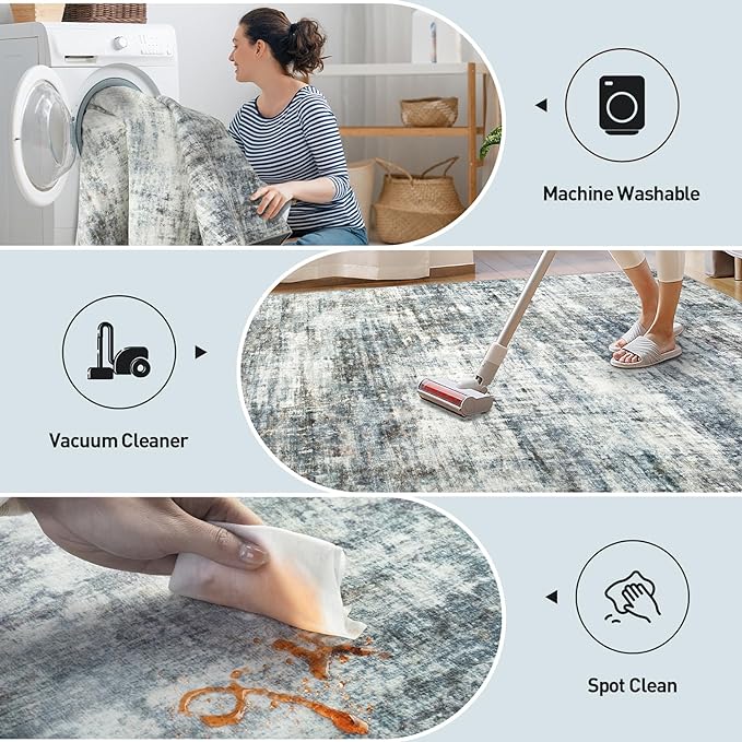 4x6 Area Rugs for Living Room: Washable Abstract Blue Multi Badroom Carpet | Non-slip TPE backing makes this washable soft low-pile rug safe & durable, Pet-friendly decor for dining room,nursery,office