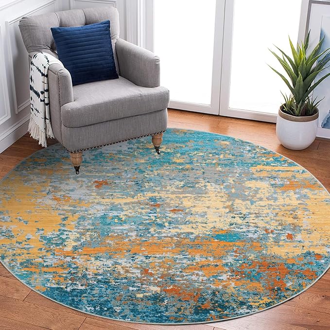 ROYHOME Modern Abstract 4x4 Round Area Rug Non Slip, Multi Color | Non Shedding Rug Low Pile Stain Resistant for Bedroom Living Room office Dining Room