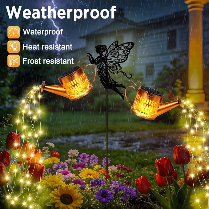 2 Pack Solar Watering Can Lights, Metal Solar Lights Outdoor Decorative with Fairy Silhouette Stake, Waterproof Hanging Lantern Garden Decor Light for Outside, Patio, Yard, Birthday Gifts for Women