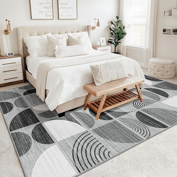 Washable Rugs 9x12,Large Area Rugs Non Slip Modern Abstract Boho | Large Throw Carpet for Living Room Bedroom Dining Room Soft Low Pile Floor Indoor Bohemian Black and Grey