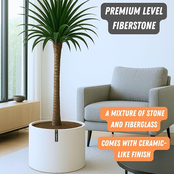 Fox & Fern Large Indoor Planter, Modern Large Plant Pot for Indoor or Outdoor, UV and Frost Resistant - 18.7 Inch, Fiberstone, Matte White Flower Pot with Drainage Plug, Lightweight