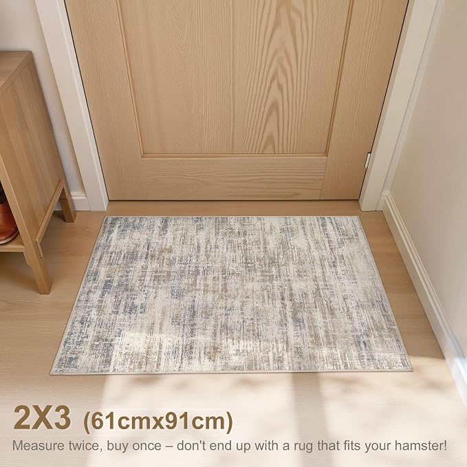 UERMEI 2x3 Entryway Area Rug Washable Abstract Brown Carpet | Small Soft Low Pile Non Slip Indoor Door Mat Stain Resistant Pet Kid Friendly Rugs for Hallway Kitchen Entryway