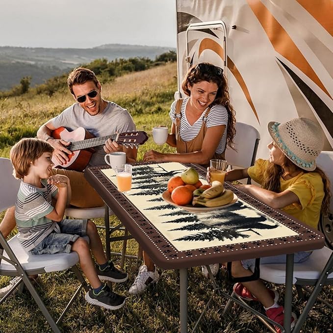 Picnic Table Cover with Bench Covers and Bag, Farmhouse Bear Camper Waterproof Windproof, Fitted Tablecloth Cover with Elastic Edge, for Indoor & Outdoor, Garden, Camping, 3 Pieces Set, 30x60 Inch